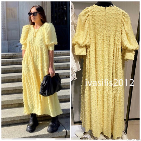 MIDI LOOSE-FITTING TEXTURED DRESS PUFF SLEEVES - Picture 1 of 11